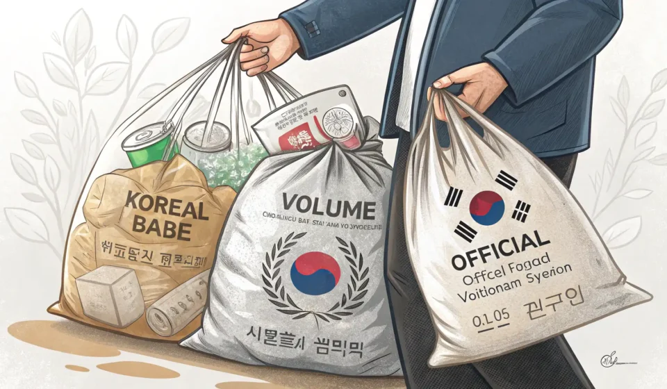 Hand holding official Korean volume-based waste bags (jong-ryang-je bong-tu) inside a Korean conveni...