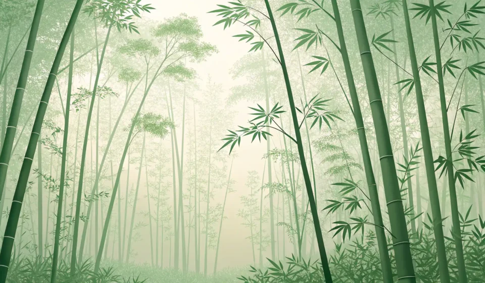 Illustration of a green Korean bamboo forest blending with clean energy symbols like wind turbines a...