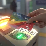 A hand places a Korean transportation card onto a charging machine inside a Korean subway station, i...