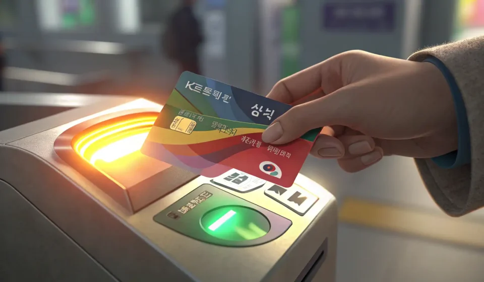 A hand places a Korean transportation card onto a charging machine inside a Korean subway station, i...