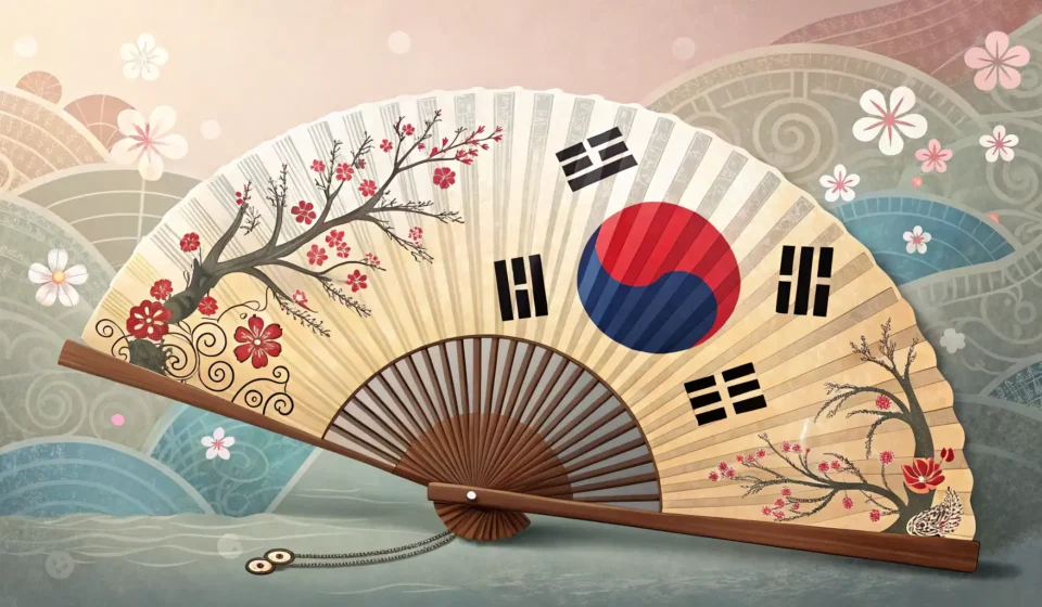 Stylized Korean fan opening to show abstract calendar and music symbols, representing checking perfo...