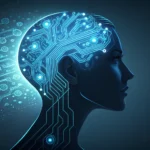 Stylized head silhouette blending glowing digital circuits with traditional Korean patterns, symboli...