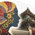 Symbolic head silhouette merging traditional Korean patterns with futuristic circuit board designs,...