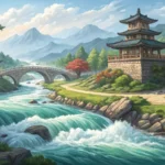 Stylized image of a vibrant Korean river flowing under a traditional bridge, symbolizing the transla...