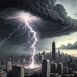 Stylized storm cloud and lightning bolt clashing above a Korean scroll, symbolizing learning complex...