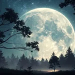A large moon shines over a traditional Korean roof silhouette, symbolizing learning complex or fanta...