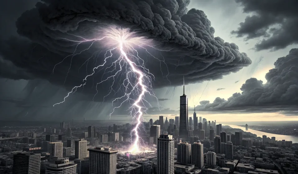 Stylized storm cloud and lightning bolt clashing above a Korean scroll, symbolizing learning complex...