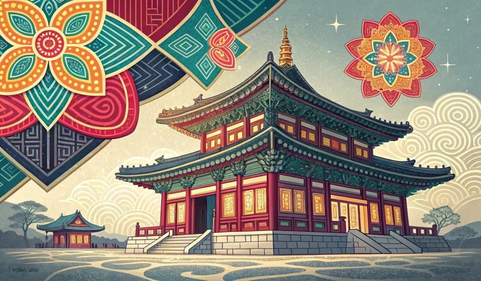 Thumbnail depicting colorful Korean Dancheong patterns intertwined with glowing blue circuits and gr...