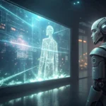 A robot silhouette views a glitching holographic screen showing a fractured traditional Korean palac...