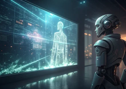 A robot silhouette views a glitching holographic screen showing a fractured traditional Korean palac...