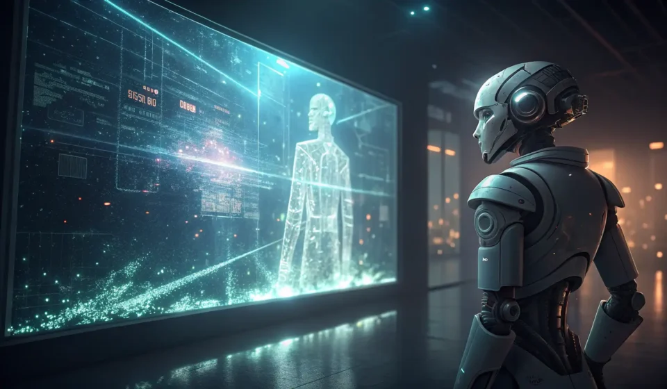 A robot silhouette views a glitching holographic screen showing a fractured traditional Korean palac...