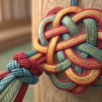 Intricate traditional Korean knots (Maedeup) being tied against a midnight-dusk gradient background,...