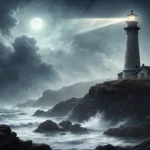 Stylized illustration of a lighthouse enveloped in swirling, mysterious fog with a soft glow, repres...