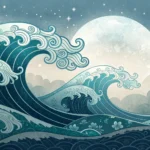Stylized Korean wave pattern with an ethereal glow and a calligraphy brush, symbolizing learning com...