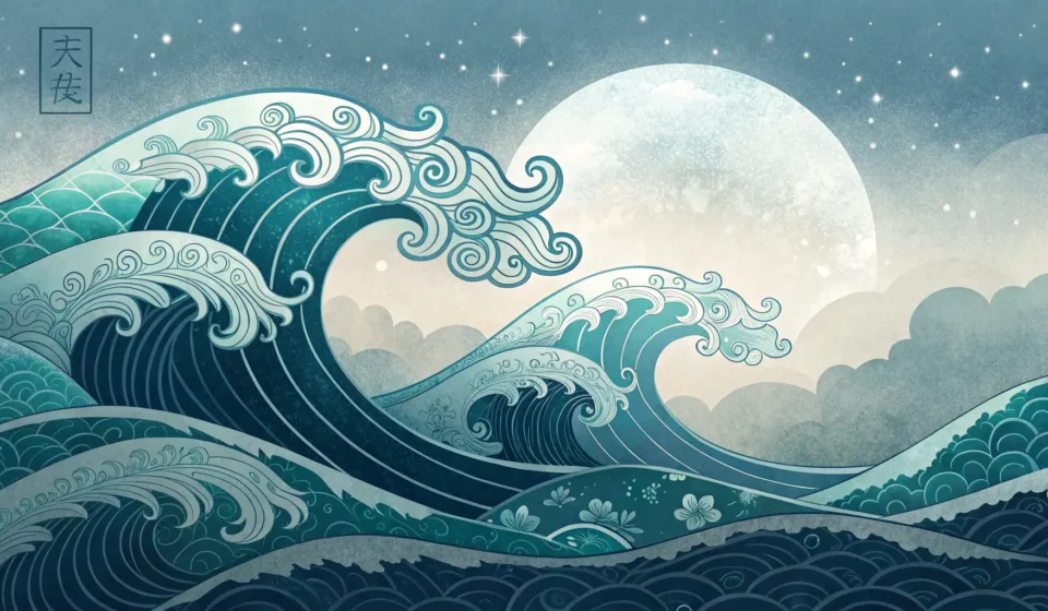 Stylized Korean wave pattern with an ethereal glow and a calligraphy brush, symbolizing learning com...