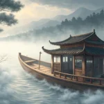 Atmospheric painting of a traditional Korean boat navigating thick fog near a coastline, with a subt...