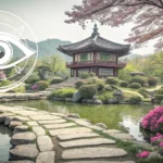 Stylized eye graphic representing clarity against a peaceful Korean temple garden, symbolizing learn...