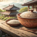 A glowing ball of dough emitting magical sparks sits inside a traditional Korean earthenware bowl, s...