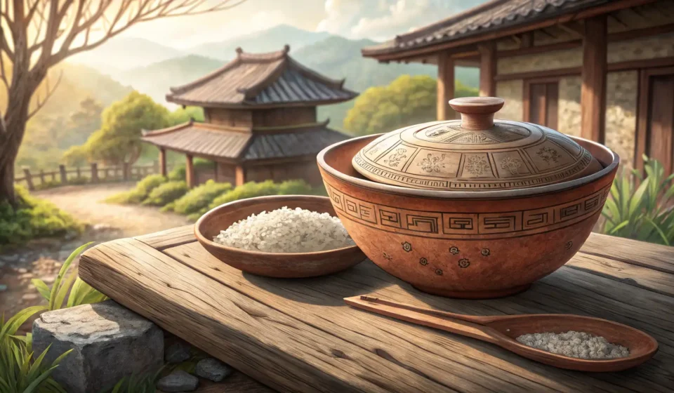 A glowing ball of dough emitting magical sparks sits inside a traditional Korean earthenware bowl, s...