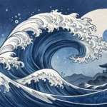 Stylized Korean ink painting of a swirling cosmic ink trail across a starry night sky above a mounta...
