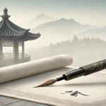 A traditional Korean calligraphy brush with glowing particles hovers over a scroll, symbolizing the...