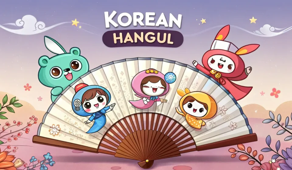 Stylized illustration for Korean learning featuring floating Hangul characters, a traditional Korean...