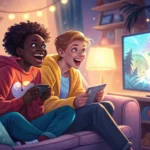 Illustration of two people enthusiastically watching a Korean drama on television, representing lear...