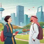 Illustration symbolizing discussion about Korean media, showing two people talking against a Seoul b...