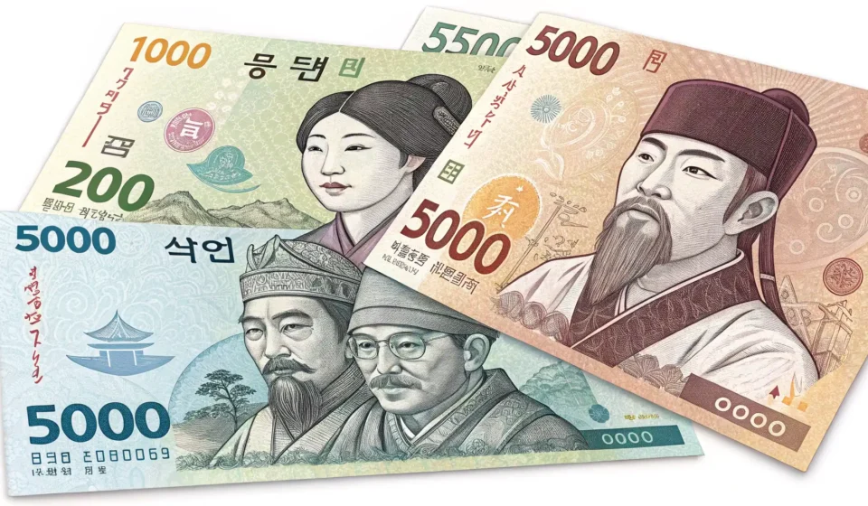Stylized illustration showing four Korean Won banknotes fanned out, highlighting their different col...