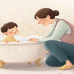 Illustration of a Korean parent gently interacting with a child wrapped in a towel next to a bubbly...