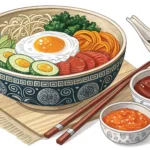 Illustration symbolizing explaining food allergies in Korean, showing a bowl of Korean food next to...