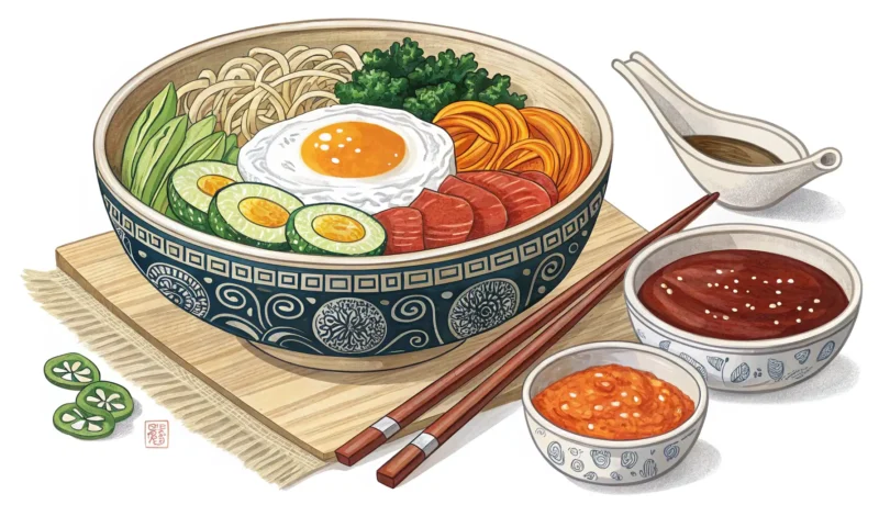 Illustration symbolizing explaining food allergies in Korean, showing a bowl of Korean food next to...