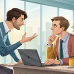 Two colleagues in a modern Korean office discuss a project schedule issue, visually representing how...
