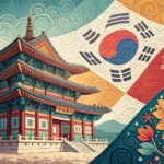 Abstract image blending traditional Korean Dancheong patterns with a disrupted modern timeline, symb...