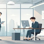 Illustration depicting a Korean employee respectfully addressing a calm supervisor in a modern offic...