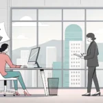 Minimalist illustration of two figures in a modern Korean office, one explaining a digital interface...