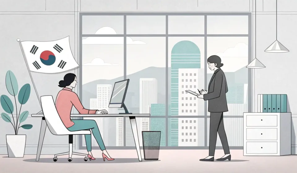 Minimalist illustration of two figures in a modern Korean office, one explaining a digital interface...