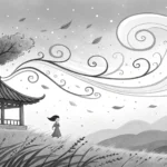 Stylized Korean ink painting showing magical wind lifting dough over misty mountains, symbolizing le...