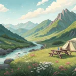 Empty campsite in a Korean mountain setting with two packed backpacks sitting unused, symbolizing a...