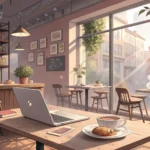 An open laptop and coffee cup on a table inside a bright, modern Korean cafe, representing learning...