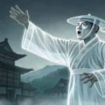 A ghostly Korean sailor figure debates with a mermaid amidst swirling spectral underwater currents,...