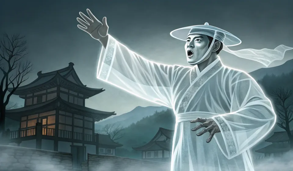 A ghostly Korean sailor figure debates with a mermaid amidst swirling spectral underwater currents,...