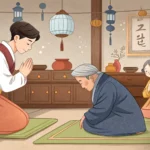 Young person bowing deeply to an older Korean couple at a home entrance, illustrating respectful Kor...