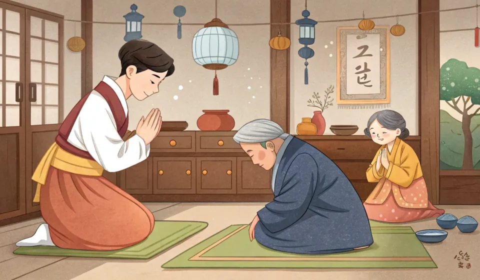 Young person bowing deeply to an older Korean couple at a home entrance, illustrating respectful Kor...