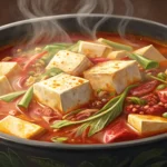 Steaming bowl of spicy red Korean soup in a traditional black pot, garnished with red chili peppers,...