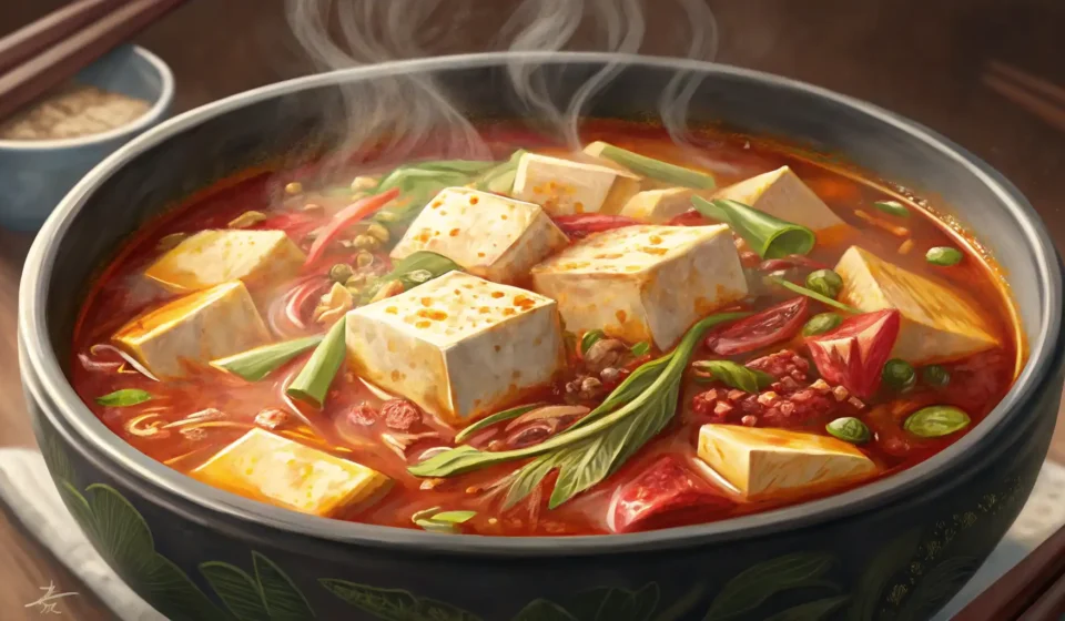 Steaming bowl of spicy red Korean soup in a traditional black pot, garnished with red chili peppers,...