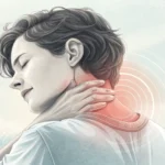 Illustration showing a person finding relief from neck or back discomfort, with subtle Korean design...
