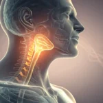 Stylized illustration of glowing vocal cords against a background with a subtle traditional Korean p...