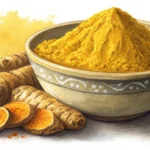A close-up view of vibrant yellow turmeric powder piled in a Korean ceramic bowl, placed beside raw...