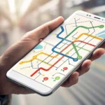 Hand holding smartphone showing a subway map app interface, with a modern Korean subway train and pl...